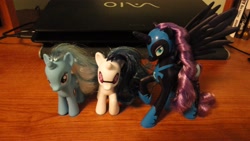 Size: 4320x2432 | Tagged: safe, dj pon-3, nightmare moon, trixie, vinyl scratch, brushable, favorite collection, irl, photo, toy