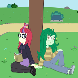 Size: 1000x1000 | Tagged: safe, artist:scraggleman, moondancer, wallflower blush, better together, equestria girls, forgotten friendship, bench, bush, commission, equestria girls-ified, flower, moonflower (ship), park, reading, shipping, sitting