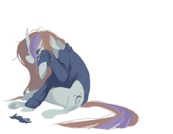 Size: 800x617 | Tagged: safe, artist:bananasmores, moondancer, pony, unicorn, clothes, crying, female, glasses, mare, messy mane, sitting, solo, sweater, teary eyes