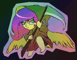 Size: 1298x1006 | Tagged: safe, fluttershy, human, chubby, colorful, female, grim reaper, humanized, ms paint, scythe, simple background, solo, winged humanization, wings