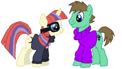 Size: 1920x1080 | Tagged: safe, artist:ianpony98, moondancer, oc, oc:ian, pony, buttons, canon x oc, clothes, glasses, sweater