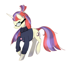 Size: 1280x1129 | Tagged: safe, artist:lattefox3, moondancer, pony, unicorn, clothes, female, glasses, looking at you, mare, one hoof raised, simple background, solo, sweater, transparent background