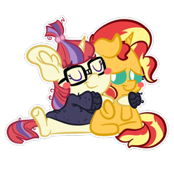 Size: 1500x1500 | Tagged: safe, artist:amethystcutey, moondancer, sunset shimmer, pony, unicorn, blush sticker, blushing, chibi, clothes, eyes closed, female, filly, glasses, hug, lidded eyes, simple background, sweater, transparent background, white outline