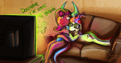 Size: 2101x1100 | Tagged: safe, artist:jamescorck, mina, moondancer, dragon, pony, unicorn, crack shipping, cuddling, doctor strange, female, lesbian, minadancer, shipping, sketch, sofa, television