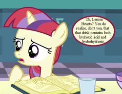 Size: 468x360 | Tagged: safe, edit, edited screencap, screencap, moondancer, pony, unicorn, amending fences, book, cropped, cute, dancerbetes, dialogue, dihydrogen monoxide, female, filly, filly moondancer, implied lemon hearts, open mouth, princess celestia's school for gifted unicorns, raised hoof, speech bubble, water, younger