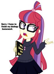 Size: 1100x1500 | Tagged: safe, artist:wubcakeva, moondancer, equestria girls, book, clothes, dialogue, equestria girls-ified, female, glasses, simple background, solo, transparent background