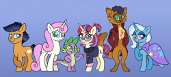 Size: 2560x1160 | Tagged: safe, artist:carouselunique, capper dapperpaws, moondancer, quibble pants, spike, trixie, twinkleshine, abyssinian, anthro, dragon, earth pony, pony, unicorn, series:sunlight horizons, my little pony: the movie, anthro with ponies, blog:capperdancer chronicle, cape, clothes, coat, female, glasses, gradient background, looking at you, male, mare, stallion