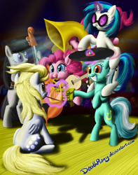 Size: 400x507 | Tagged: safe, artist:deathpwny, derpy hooves, dj pon-3, lyra heartstrings, octavia melody, pinkie pie, vinyl scratch, earth pony, pegasus, pony, unicorn, female, mare, musical instrument