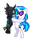 Size: 112x134 | Tagged: safe, artist:robokitty, dj pon-3, vinyl scratch, oc, oc:wubsy, changeling, pony, unicorn, duo, holding a changeling, pixel art, simple background, sprite, transparent background