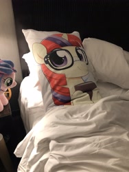 Size: 3024x4032 | Tagged: safe, artist:moozua, moondancer, oc, oc:bonita, pony, babscon, babscon 2019, babscon mascots, bed, body pillow, hotel room, irl, photo, plushie