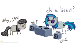 Size: 1224x697 | Tagged: safe, artist:jamesjaames, dj pon-3, octavia melody, vinyl scratch, earth pony, pony, unicorn, cute, female, lesbian, music, my little scribble, scratchtavia, scribble, scribbles, shipping, wub