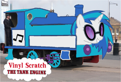 Size: 891x601 | Tagged: safe, dj pon-3, vinyl scratch, pony, unicorn, crossover, female, horn, mare, thomas the tank engine, white coat