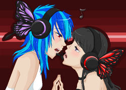 Size: 650x465 | Tagged: safe, artist:zeldagirl4287, dj pon-3, octavia melody, vinyl scratch, butterfly, female, humanized, lesbian, magnet, scratchtavia, shipping, vocaloid