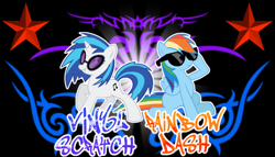 Size: 900x514 | Tagged: safe, artist:thaddeusc, dj pon-3, rainbow dash, vinyl scratch, pegasus, pony, unicorn, stars, sunglasses, wallpaper