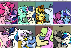 Size: 957x652 | Tagged: safe, artist:ghost, berry punch, berryshine, bon bon, braeburn, daisy, dj pon-3, flower wishes, gilda, goldengrape, lyra heartstrings, minuette, octavia melody, pinkie pie, princess cadance, shining armor, sir colton vines iii, soarin', sweetie drops, trixie, twilight sparkle, vinyl scratch, alicorn, earth pony, griffon, pony, unicorn, berrygate, daisygrape, female, gay, glixie, interspecies, kiss on the cheek, kissing, lesbian, lyrabon, male, meme, scratchtavia, shiningcadance, shipping, smiling, soarburn, straight, twinkie