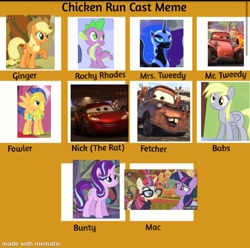 Size: 800x792 | Tagged: safe, applejack, derpy hooves, flash sentry, moondancer, nightmare moon, spike, starlight glimmer, twilight sparkle, dragon, earth pony, pony, cars (pixar), chicken run, derpypasta, lightning mcqueen, mater, recast meme, sandy dunes, tow mater