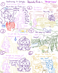 Size: 1280x1611 | Tagged: safe, artist:adorkabletwilightandfriends, bon bon, minuette, moondancer, spike, starlight glimmer, sweetie drops, oc, oc:pinenut, cat, dragon, earth pony, pony, unicorn, comic:adorkable twilight and friends, adorkable friends, car, comic, driving, flannel, flannel shirt, forest, friendship, glim glam, humor, kite, lineart, massage, mountain, mug, road, road trip, scenery, slice of life, volvo