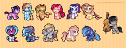 Size: 2403x923 | Tagged: safe, artist:pekou, applejack, derpy hooves, dj pon-3, fluttershy, octavia melody, pinkie pie, princess celestia, princess luna, rainbow dash, rarity, trixie, twilight sparkle, vinyl scratch, alicorn, earth pony, pegasus, pony, unicorn, female, mane six, mare