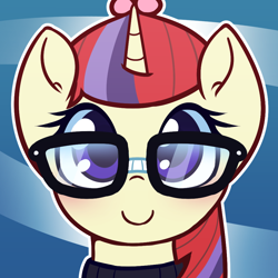 Size: 1000x1000 | Tagged: safe, artist:puetsua, part of a set, moondancer, pony, unicorn, abstract background, avatar, blushing, bust, clothes, cute, dancerbetes, female, glasses, looking at you, mare, portrait, smiling, solo, sweater