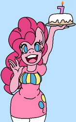 Size: 263x418 | Tagged: safe, artist:pinkiepiesky, pinkie pie, anthro, anniversary, anniversary art, cake, candle, chubby, food, happy birthday mlp:fim, mlp fim's seventh anniversary, simple background