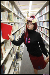Size: 3456x5184 | Tagged: safe, artist:krazykari, moondancer, human, book, bookshelf, clothes, cosplay, costume, irl, irl human, library, photo, solo
