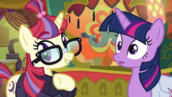 Size: 1920x1080 | Tagged: safe, screencap, moondancer, twilight sparkle, twilight sparkle (alicorn), alicorn, pony, unicorn, the point of no return, clothes, duo, female, glasses, mare, saddle bag, sweater, the tasty treat