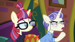 Size: 1920x1080 | Tagged: safe, screencap, first folio, moondancer, pony, unicorn, the point of no return, clothes, duo, female, glasses, mare, raised hoof, sweater, the tasty treat
