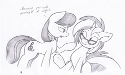 Size: 1174x699 | Tagged: safe, artist:joey darkmeat, dj pon-3, octavia melody, vinyl scratch, earth pony, pony, unicorn, female, lesbian, monochrome, scratchtavia, shipping, wub