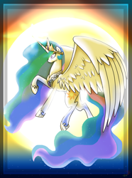 Size: 2379x3205 | Tagged: safe, artist:turrkoise, princess celestia, alicorn, pony, backlighting, female, flying, high res, mare, raised hoof, solo