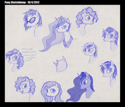 Size: 1500x1291 | Tagged: safe, artist:great-5, dj pon-3, fluttershy, minuette, pinkie pie, princess celestia, princess luna, vinyl scratch, oc, alicorn, earth pony, pegasus, pony, unicorn, lightmare, pencil, sketch dump