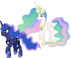 Size: 996x803 | Tagged: safe, princess celestia, princess luna, alicorn, pony, duo, duo female, female, mare, raised hoof, saddle bag, simple background, sisters