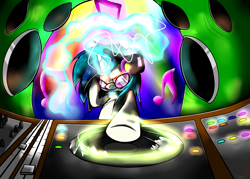 Size: 2509x1793 | Tagged: safe, artist:turrkoise, dj pon-3, vinyl scratch, pony, unicorn, glow, turntable