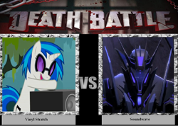 Size: 1402x1000 | Tagged: safe, dj pon-3, vinyl scratch, pony, unicorn, death battle, meme, meta, soundwave (transformers), transformers