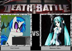 Size: 703x502 | Tagged: safe, dj pon-3, vinyl scratch, pony, unicorn, death battle, hatsune miku, meta, vocaloid