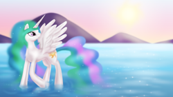 Size: 1920x1080 | Tagged: safe, artist:zedrin, princess celestia, alicorn, pony, solo, wallpaper, water