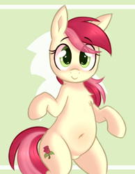 Size: 796x1026 | Tagged: safe, artist:toroitimu, roseluck, earth pony, pony, belly, belly button, bipedal, chest fluff, chubby, cute, cuteluck, female, looking at you, mare, simple background, smiling, solo