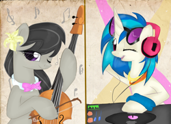 Size: 1660x1200 | Tagged: safe, artist:marisalle, dj pon-3, octavia melody, vinyl scratch, earth pony, pony, unicorn, cello, female, flower, headphones, lesbian, musical instrument, scratchtavia, shipping