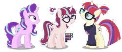 Size: 1054x450 | Tagged: safe, artist:awoomarblesoda, moondancer, starlight glimmer, oc, oc:stardust afterglow, pony, unicorn, base used, female, glasses, glimmerdancer, lesbian, magical lesbian spawn, mare, offspring, parent:moondancer, parent:starlight glimmer, parents:glimmerdancer, shipping, simple background, transparent background