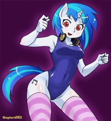 Size: 700x765 | Tagged: safe, artist:shepherd0821, dj pon-3, vinyl scratch, anthro, ambiguous facial structure, armpits, blushing, breasts, clothes, one-piece swimsuit, school swimsuit, socks, stockings, striped socks, swimsuit