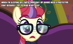 Size: 832x500 | Tagged: safe, edit, edited screencap, screencap, moondancer, pony, unicorn, the point of no return, bust, caption, drool, image macro, sleeping, solo, text