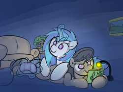 Size: 800x600 | Tagged: safe, artist:oblivinite, dj pon-3, octavia melody, vinyl scratch, earth pony, pony, unicorn, book, controller, octavia is not amused, reading, unamused