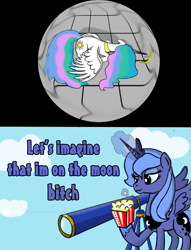 Size: 1608x2100 | Tagged: safe, artist:junkiekb, artist:syntaxbananaz, princess celestia, princess luna, alicorn, pony, a canterlot wedding, filly, luna is friggen useless, popcorn, s1 luna, schadenfreude, telescope, vulgar, woona