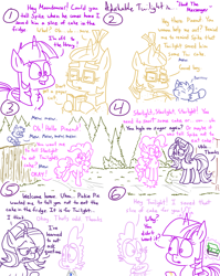 Size: 1280x1611 | Tagged: safe, artist:adorkabletwilightandfriends, moondancer, pinkie pie, spike, starlight glimmer, twilight sparkle, twilight sparkle (alicorn), oc, oc:pinenut, alicorn, cat, dragon, earth pony, pony, unicorn, comic:adorkable twilight and friends, adorkable, adorkable twilight, bandage, book, bouncing, cake, comic, confused, cute, dork, food, funny, happy, humor, jumping, library, message, paper cut, slice of life, telephone game