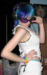 Size: 900x1451 | Tagged: safe, artist:nerd-princess, dj pon-3, vinyl scratch, human, cosplay, irl, irl human, photo, solo