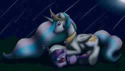 Size: 1100x628 | Tagged: safe, artist:jinyaranda, princess celestia, twilight sparkle, alicorn, pony, filly, momlestia, sleeping, snoring, zzz