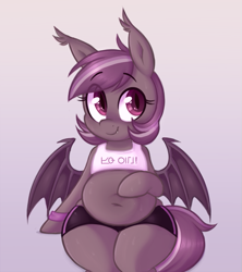 Size: 697x784 | Tagged: safe, artist:toroitimu, oc, oc only, oc:iris, bat pony, pony, bat pony oc, chubby, clothes, cute, female, mare, plump, shorts, solo, tanktop