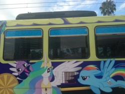 Size: 600x450 | Tagged: safe, princess celestia, rainbow dash, twilight sparkle, bus, irl, photo, ponybus