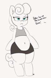 Size: 1266x1920 | Tagged: safe, artist:pabbley, bon bon, sweetie drops, 30 minute art challenge, belly button, bon bon is not amused, chubby, partial color, plump, solo, unamused