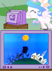 Size: 563x771 | Tagged: safe, princess celestia, alicorn, pony, blank flank, cewestia, cute, cutelestia, exploitable meme, eyes closed, female, filly, happy, meme, open mouth, schoolhouse rock, science rock, silhouette, smiling, spread wings, sun, television, tv meme, walking, wings, younger