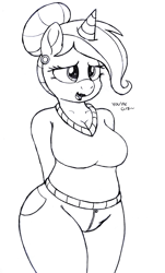 Size: 2411x4000 | Tagged: safe, artist:an-tonio, oc, oc only, oc:golden brooch, anthro, breasts, chubby, clothes, female, hair bun, jeans, lineart, lipstick, monochrome, mother, pants, solo, sweater, traditional art